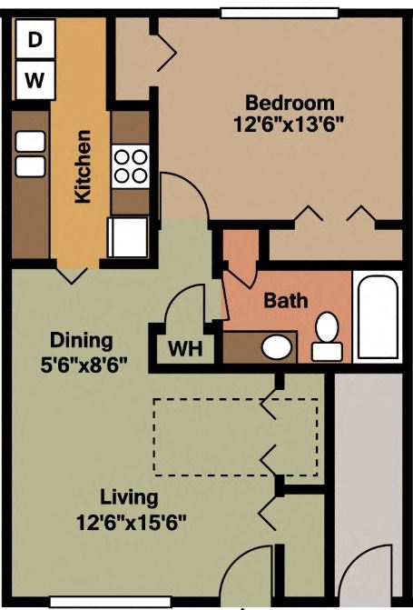 Floor plan for 1 bed, 1 bath, 705 sqft